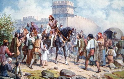 Carlos IV cumprimentando o povo comum durante sua expansão das fortificações de Praga em 1361, cartão postal do início do século XX (cor litho) de Czech School