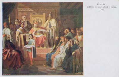 Fundação da universidade alemão em Praga por Charles IV em 1348, cedo cartão do século XX de Czech School
