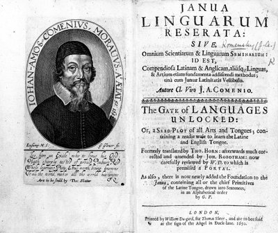 Frontispício e título para Janua Linguarum Reserata com um retrato de Jan Amos Komensky, gravado por George Glover, 1650 de Czech School