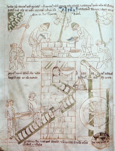 Ms 23 C 124 fol.3 A Construção da Torre de Babel, da Bíblia de Velislav, c.1340 de Czech School