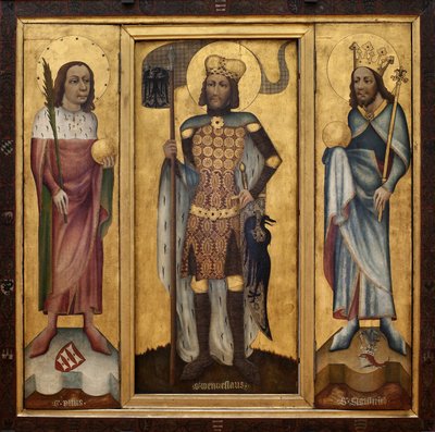 retábulo de Muhlhausen (ou retábulo de Praga). Retábulo aberto, com os três principais santos de Boheme: São Vito (São Guy), com uma palma e um globo, São Venceslau (ou Venceslau, Duque de Boheme, cerca de 907-929) com uma malha e com uma decoração de Czech School