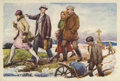 Pessoas caminhando em uma paisagem de neve de Czech School