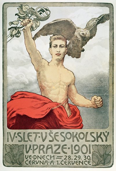 Cartaz publicitário da 4ª Assembléia de Sokols em Praga em 1901 de Czech School
