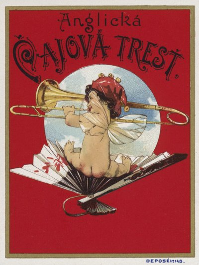Rótulo de produto representando um querubim tocando um trombone de Czech School
