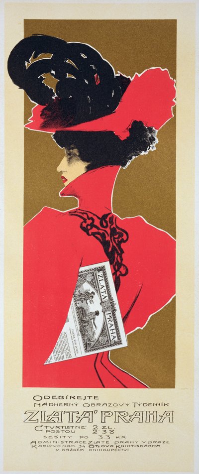 Reprodução de um cartaz publicitário de Zlata Praha, um jornal ilustrado semanal, Praga de Czech School