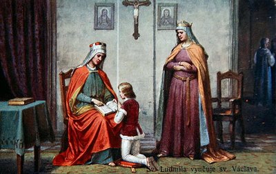 A educação de São Venceslau pela sua avó Ludmilla, cartão postal do início do século XX (cor litho) de Czech School
