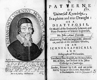 Titlepage e Frontispício para um padrão de conhecimento universal, incluindo um retrato de Jan Amos Komensky, gravado por George Glover, 1651 de Czech School