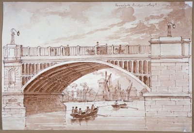Vista de um pequeno barco passando por baixo da ponte Vauxhall, Londres, 1820. de DHC