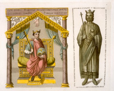 HRE Charles II (o calvo) no trono, após um manuscrito na biblioteca de Colberg, placa 6 de &39;Le Costume Ancien et Moderne&39; por Jules Ferrario, bar. 1820s-30s de D.K. Bonatti