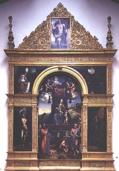 Virgem e Menino entronizados com os santos (óleo) de D. and Garofalo Dossi