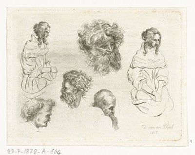 Folha de estudo com cabeças e corpos femininos de D. van den Bosch