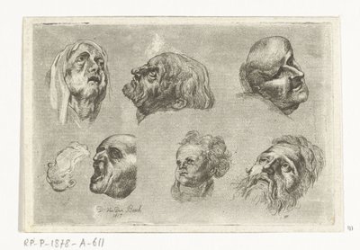 Folha de estudo com sete cabeças em duas fileiras de D. van den Bosch