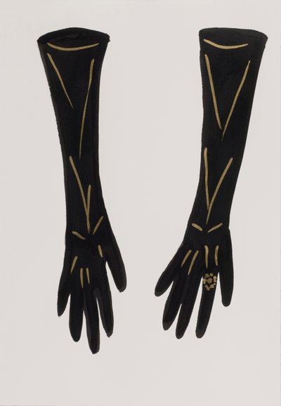 Black Gloves, 2017 (tinta da China preta, com caneta de feltro dourada sobre papel) de Daisy de Villeneuve