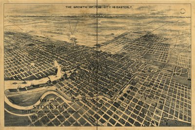 Vista da cidade de Stockton, a cidade fabril da Califórnia. Mostrando a localização da adição de East Stockton. de Dakin Publishing Co.