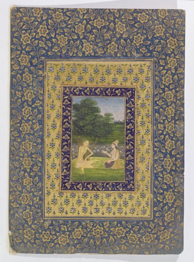 Layla Reading para Majnun, que senta-se debaixo de uma árvore por uma piscina de lótus, Delhi, c.1720-40 de Dal Chand