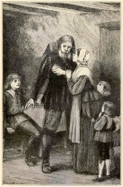 Christian confiou em sua esposa dos peregrinos Progresso deste mundo, para o que está por vir John Bunyan (1628-1688) ilustração por Thomas Dalziel (1823-1906) Christian com o pesado burde de Dalziel Brothers