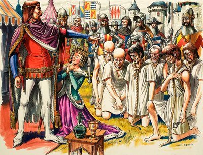Os burgueses de Calais e o rei Eduardo III de Inglaterra em 1347 (guache sobre papel) de Dan Escott