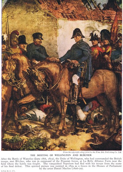 O Encontro de Wellington e Blucher, c.1940 (lito a cores) de Daniel Maclise