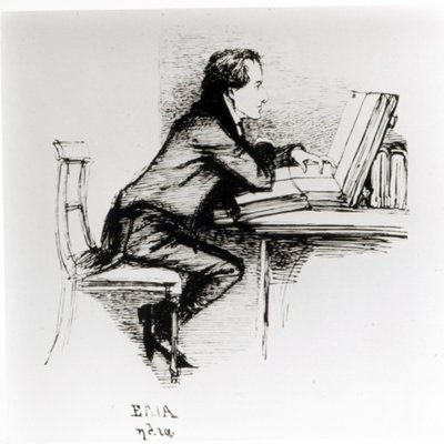 Retrato de Charles Lamb (1775-1834) (caneta e tinta sobre papel) (foto a p/b) de Daniel Maclise