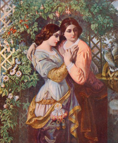 Shakespeare: Celia e Rosalind, As You Like It, Ato I, Cena 3 (lito colorido) de Daniel (after) Maclise