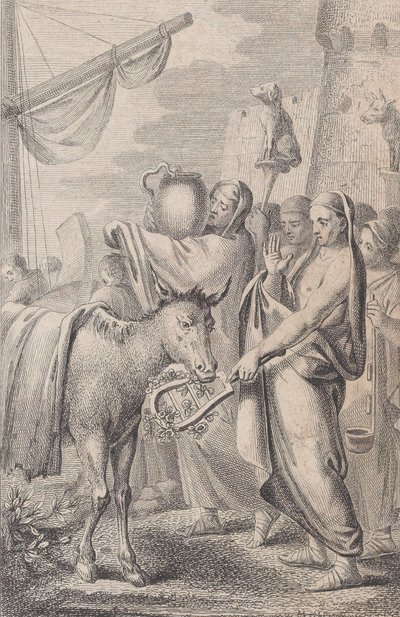 Figuras à direita perto de um navio, algumas segurando animais sobre suas cabeças, um cavalo à esquerda, 1783 de Daniel Berger