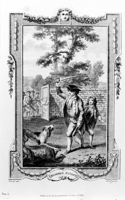 O tio de Roderick Random é atacado por cachorros, ilustração de &39;Roderick Random&39; de Tobias Smollett, gravada por James Heath, 1780 de Daniel Dodd