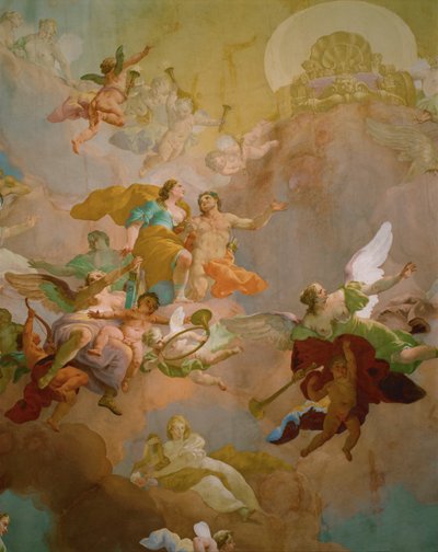 Hermes conduzindo Diana, Deusa da Caça, para o Olimpo onde Zeus desocupou o seu trono para ela (fresco) de Daniel Gran