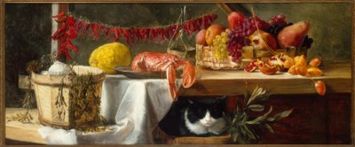 Natureza morta com pimentas, frutas, uma lagosta e um gato de Daniel Hock