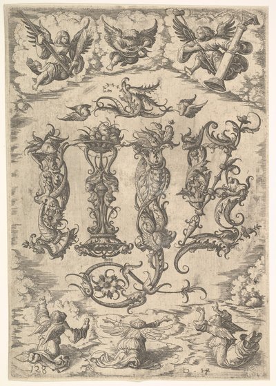 Monograma IHS cercado por seis anjos, ca. 1485-1536. de Daniel Hopfer