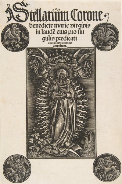Virgem em Crescente, página de rosto de Pelbartus de Temesvar: Stellarium corone Schr. 2869..., 1502. de Daniel Hopfer.