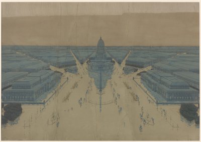 Vista da praça e dos edifícios propostos para o Centro Cívico, plano de Chicago de 1909 de Daniel Hudson Burnham