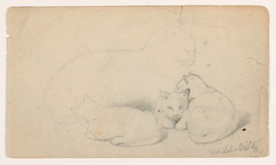 Desenho, Gato e três gatinhos; Verso: Homem árabe sentado a receber um homem, possivelmente segundo David Roberts, 1844 de Daniel Huntington