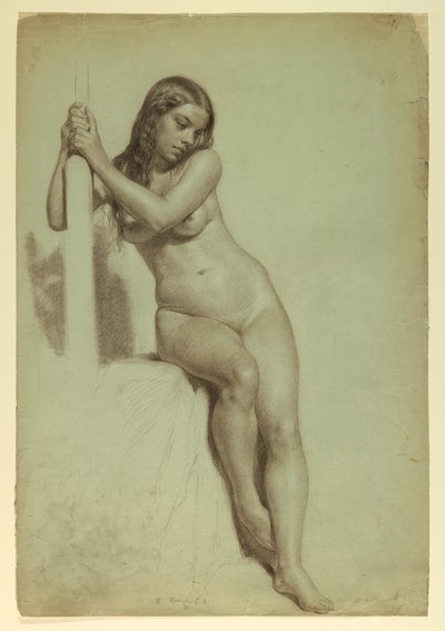Desenho, Nu feminino empoleirado num banco, 1858 de Daniel Huntington