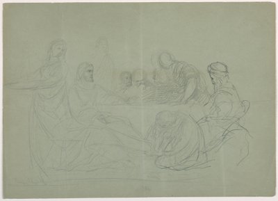 Desenho, Maria lavando os pés de Cristo, vários homens sentados a uma mesa; verso: notas, 1852 de Daniel Huntington