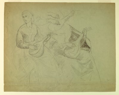 Esboços de uma mulher com um alaúde, estudo para "Tiziano mostrando o enterro de Carlos V e Clemente VII" de Daniel Huntington