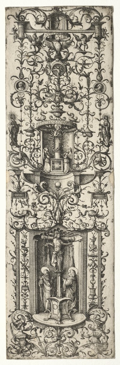 Filete ornamental com a crucificação e a virgem e criança de Daniel I Hopfer