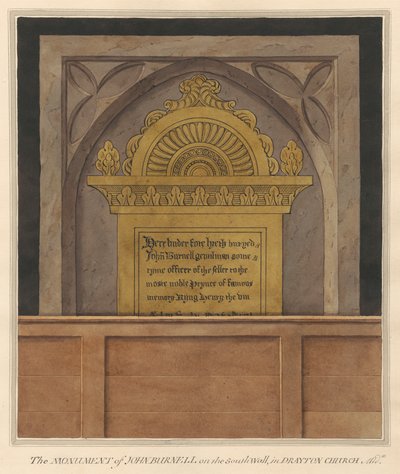 Placa de latão para John Burnell da Igreja Drayton de Daniel Lysons