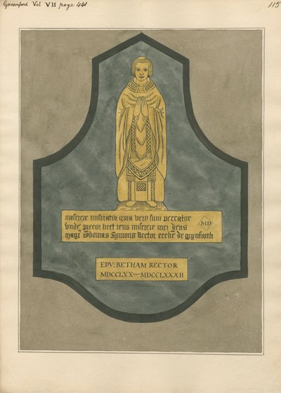 Placa de latão para Thomas Symons da Igreja de Greenford de Daniel Lysons
