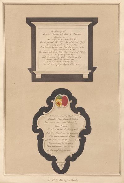 Memorial a Gideon e Frances Guichenet e à sua Filha Sarah também a Silvester Cote de Daniel Lysons
