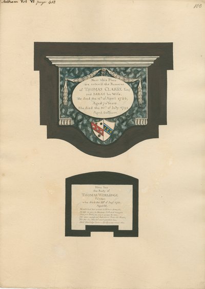 Memorial a Thomas Clarke e à esposa Sarah e Thomas Worlidge da Igreja Fulham de Daniel Lysons