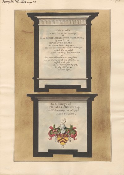 Memoriais à menina Sophia Henrietta Voelcker e Thomas Crump da Igreja Hampton de Daniel Lysons