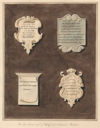 Memoriais à Sra. Mary Staunton, John Silvester, Sra. Frances Whiterly e Sra. Rebecca Lone da Igreja Bedfont de Daniel Lysons