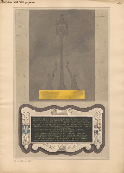 Restos de placa de latão e memorial a William Nicol e Ann sua esposa e Elizabeth sua filha e William seu Filho da Igreja de Hendon de Daniel Lysons