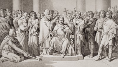 Coroação de Haroldo II (c.1022-66) Rei dos anglo-saxões em 1066 dC, de "Ilustrações da História escocesa e inglesa" volume I de Daniel Maclise