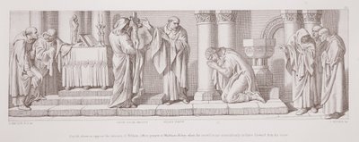 Harold, prestes a se opor à invasão de Guilherme, oferece a oração em Waltham Abbey, quando a imagem sagrada se inclina milagrosamente para a frente da cruz, de "A História da Conquista Normanda", gravada b de Daniel Maclise