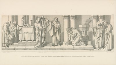 Harold, prestes a se opor à invasão de Guilherme, oferece a oração em Waltham Abbey, quando a imagem sagrada se inclina milagrosamente para frente da cruz. de Daniel Maclise