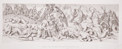 Harold, em frente ao Standard da Inglaterra, é perfurado por uma flecha caindo, de "A História da Conquista Normanda", gravada por L. Gruner, 1866 de Daniel Maclise
