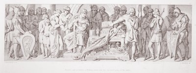 O juramento de fidelidade de Haroldo a Guilherme, jurado sobre as relíquias ocultas dos santos, de "A História da Conquista Normanda", gravada por L. Gruner, 1866 de Daniel Maclise