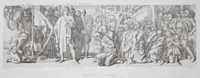 Homenagem prestada à bandeira consagrada, de "A História da Conquista Normanda", gravada por L. Gruner, 1866 de Daniel Maclise