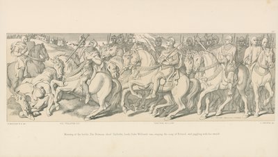 Manhã da batalha. O chefe normando Taillefer, conduz a van do duque William, cantando a canção de Roland e fazendo malabarismos com sua espada de Daniel Maclise